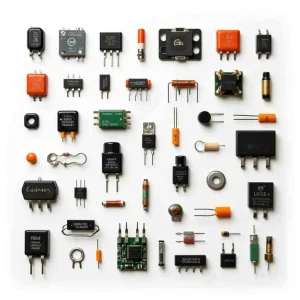 Top-down view of assorted electronic components including resistors, capacitors, ICs, diodes, and transistors arranged on a white background.